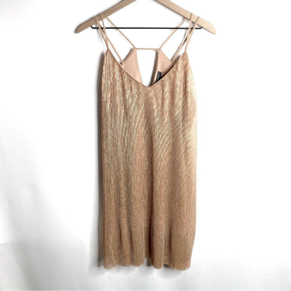 Sans Souci Gold Dress Metallic Accordion Pleated Mini Medium